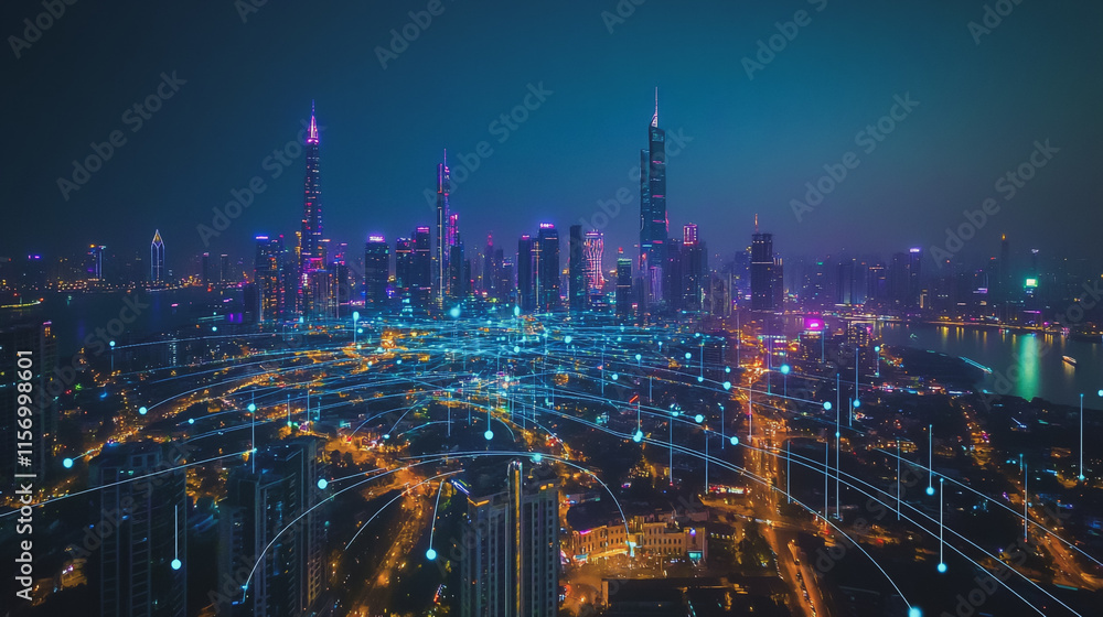 Fototapeta premium Smart digital Innovation city with connection network reciprocity over the cityscape. of future smart wireless digital city and social media networking systems that connects people with in city