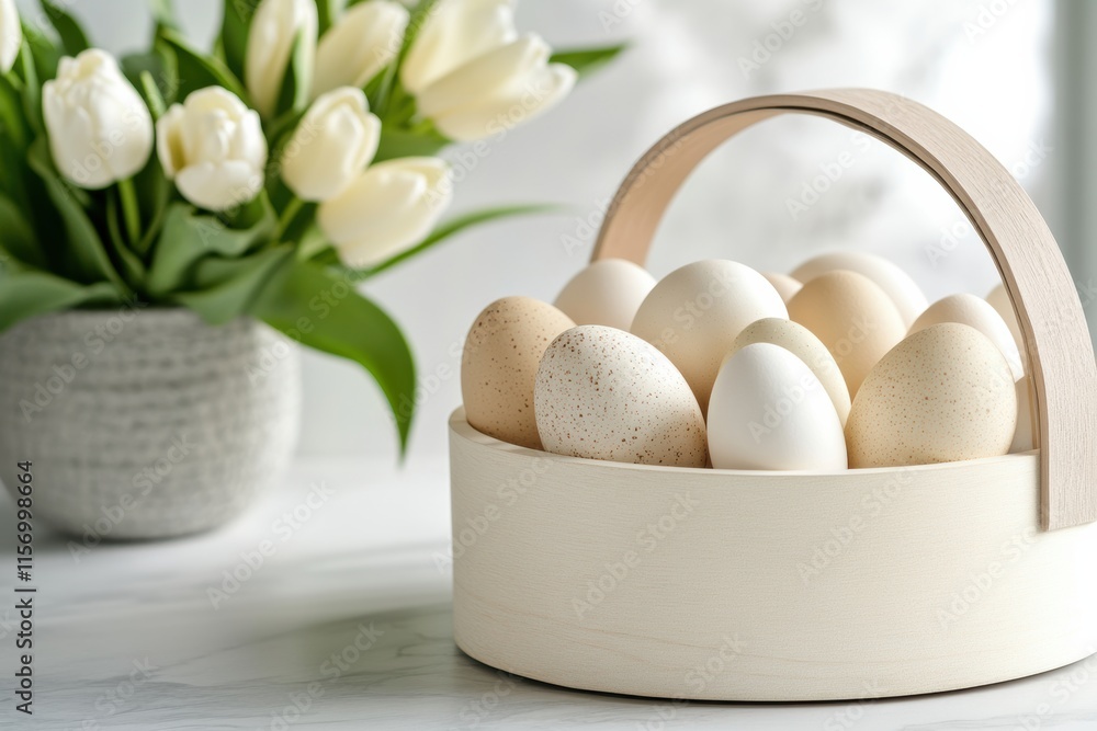 The display of a serene and festive Easter exudes charm, featuring a beautifully decorated basket filled with colorful eggs artfully arranged beside a delightful bouquet of fresh tulips The display of a serene and festive Easter exudes charm, featuring a beautifully decorated basket filled with colorful eggs artfully arranged beside a delightful bouquet of fresh tulips