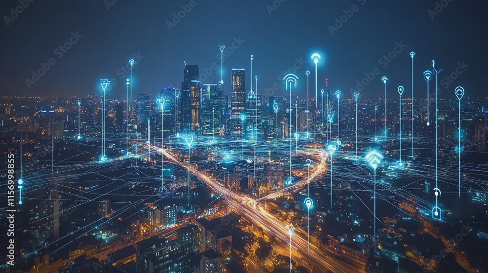 Fototapeta premium Smart digital Innovation city with connection network reciprocity over the cityscape. of future smart wireless digital city and social media networking systems that connects people with in city