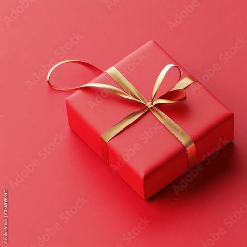 Valentine's day galentine gifts. Red gift box with golden ribbon on a vibrant red background.