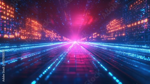 uturistic neon highway with glowing circuitry and vibrant trails of electric blue  pink  and orange  forming a digital cyberpunk cityscape with symmetrical perspective and dynamic energy. background