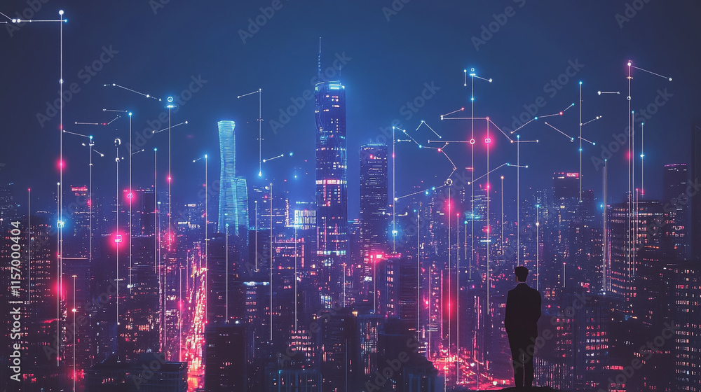 Smart digital Innovation city with connection network reciprocity over the cityscape. of future smart wireless digital city and social media networking systems that connects people with in city Smart digital Innovation city with connection network reciprocity over the cityscape. of future smart wireless digital city and social media networking systems that connects people with in city
