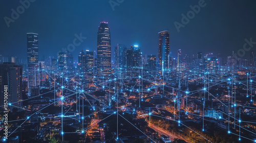 Wallpaper Mural Smart digital Innovation city with connection network reciprocity over the cityscape. of future smart wireless digital city and social media networking systems that connects people with in city Torontodigital.ca