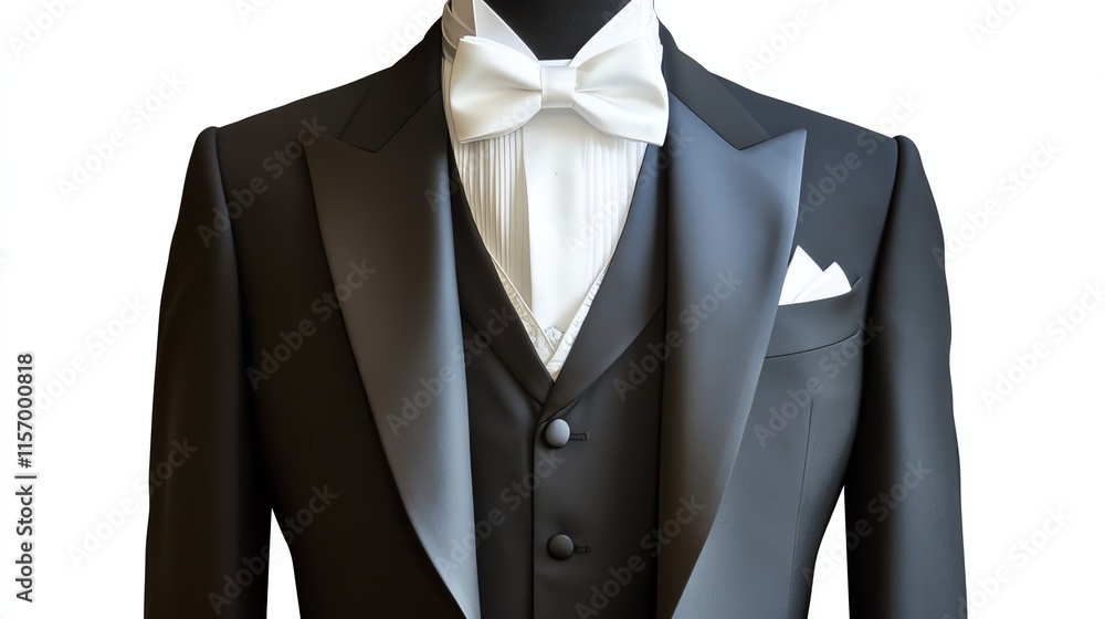 Elegant black tuxedo with bow tie, white isolated background. Elegant black tuxedo with bow tie, white isolated background.
