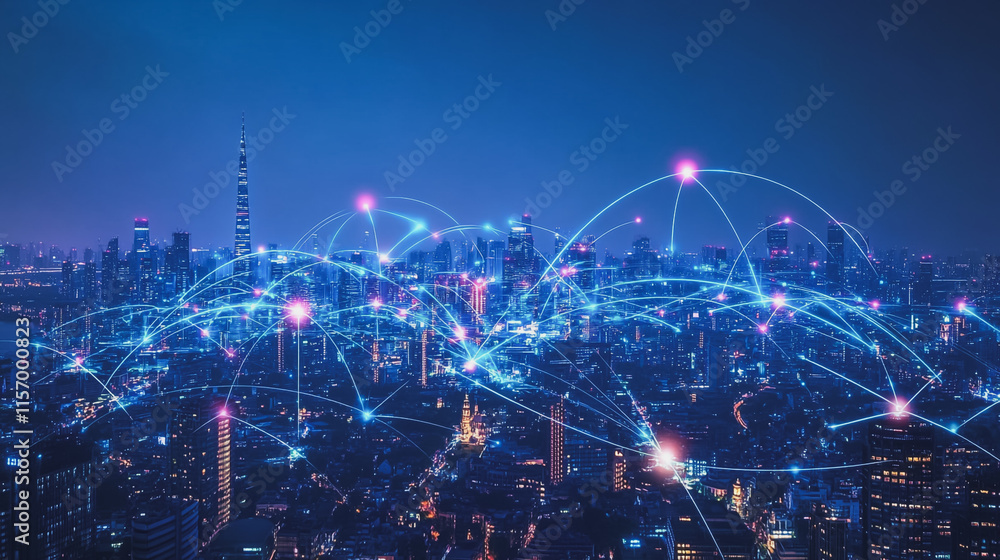 Fototapeta premium Smart digital Innovation city with connection network reciprocity over the cityscape. of future smart wireless digital city and social media networking systems that connects people with in city