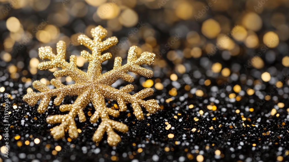 Golden snowflake on glittering black and gold bokeh background. Merry Christmas. Happy New Year Golden snowflake on glittering black and gold bokeh background. Merry Christmas. Happy New Year