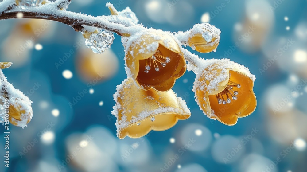 Frost-covered yellow flowers in winter wonderland with snowflakes and ice. Merry Christmas. Happy New Year