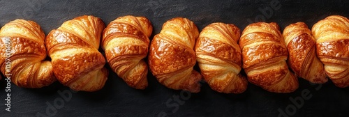 Pistachio Croissant, Fresh Puff Pastry Pie on Green Background, Sweet Kipferl with Pistachio photo