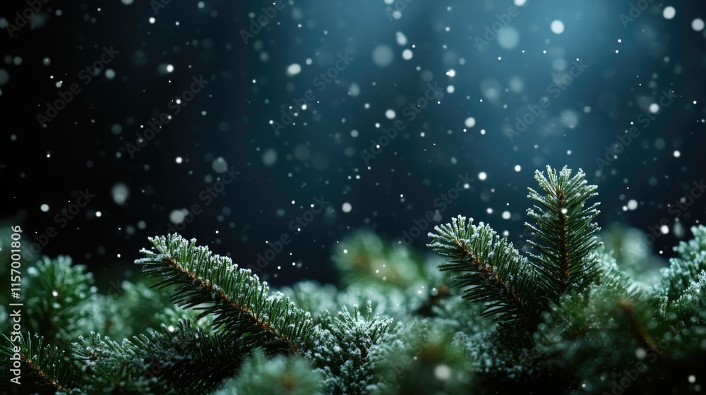 Fototapeta premium Snowflakes falling on evergreen pine branches in winter forest. Merry Christmas. Happy New Year
