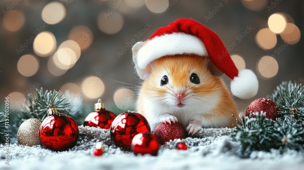 Cute hamster in festive santa hat with red christmas ornaments. Merry Christmas. Happy New Year Cute hamster in festive santa hat with red christmas ornaments. Merry Christmas. Happy New Year