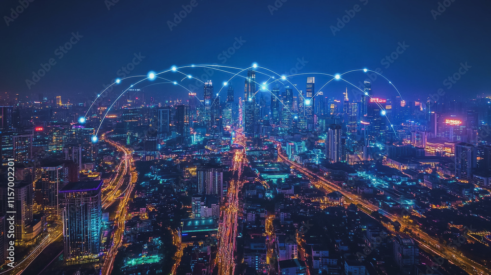 Fototapeta premium Smart digital Innovation city with connection network reciprocity over the cityscape. of future smart wireless digital city and social media networking systems that connects people with in city