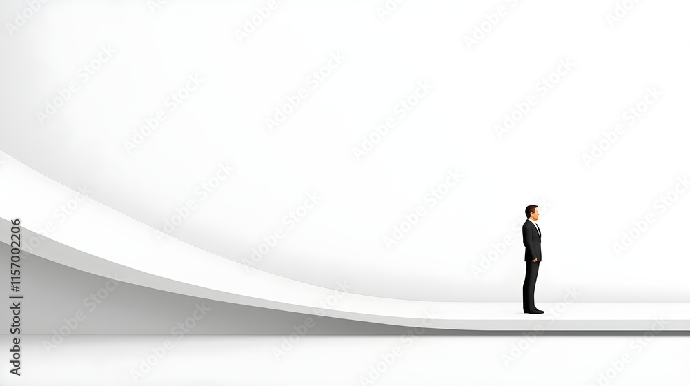 A solitary businessman stands on a minimalist curve against a white background, symbolizing contemplation, decision-making, and the journey of professional growth. A solitary businessman stands on a minimalist curve against a white background, symbolizing contemplation, decision-making, and the journey of professional growth.