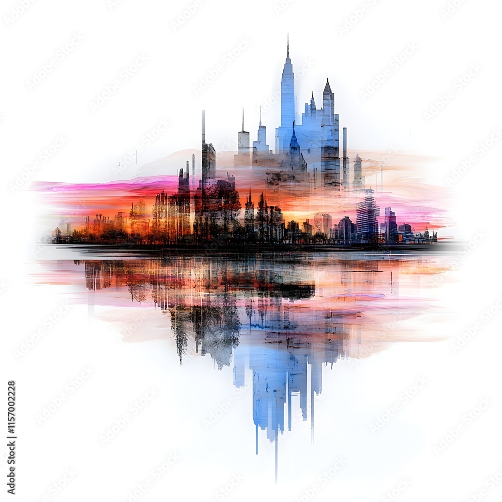 Fototapeta premium Abstract City Skyline Reflection with Colorful Gradient and Light