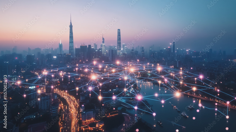 Fototapeta premium Smart digital Innovation city with connection network reciprocity over the cityscape. of future smart wireless digital city and social media networking systems that connects people with in city