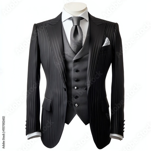 Formal black pinstripe suit on mannequin, white isolate background.