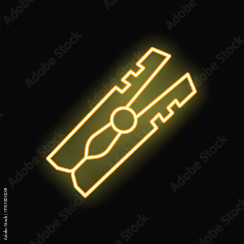 Bright yellow neon sign in the shape of a clothes peg, glowing on a black background