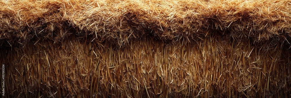 Fototapeta premium Hay Texture Background, Straw Pattern, Dry Golden Grass Mockup, Dry Baled Hay Bales Stacks Banner