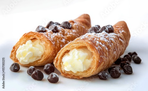 Cannoli, a traditional Italian dessert featuring crispy pastry tubes filled with creamy ricotta cheese photo