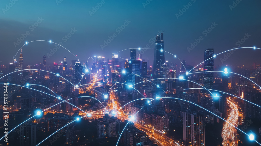 Smart digital Innovation city with connection network reciprocity over the cityscape. of future smart wireless digital city and social media networking systems that connects people with in city Smart digital Innovation city with connection network reciprocity over the cityscape. of future smart wireless digital city and social media networking systems that connects people with in city
