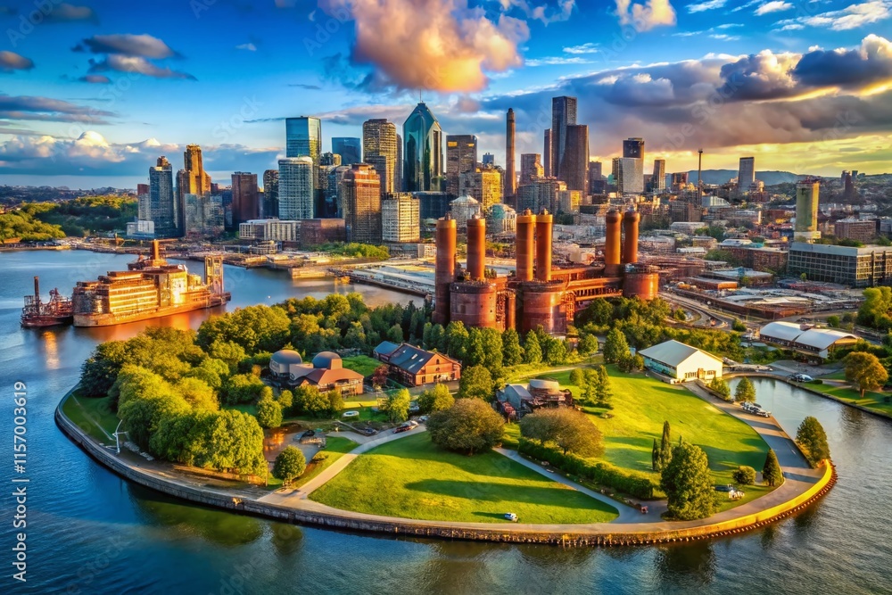 Naklejka premium Panoramic Aerial View of Downtown Seattle Skyline from Gasworks Park