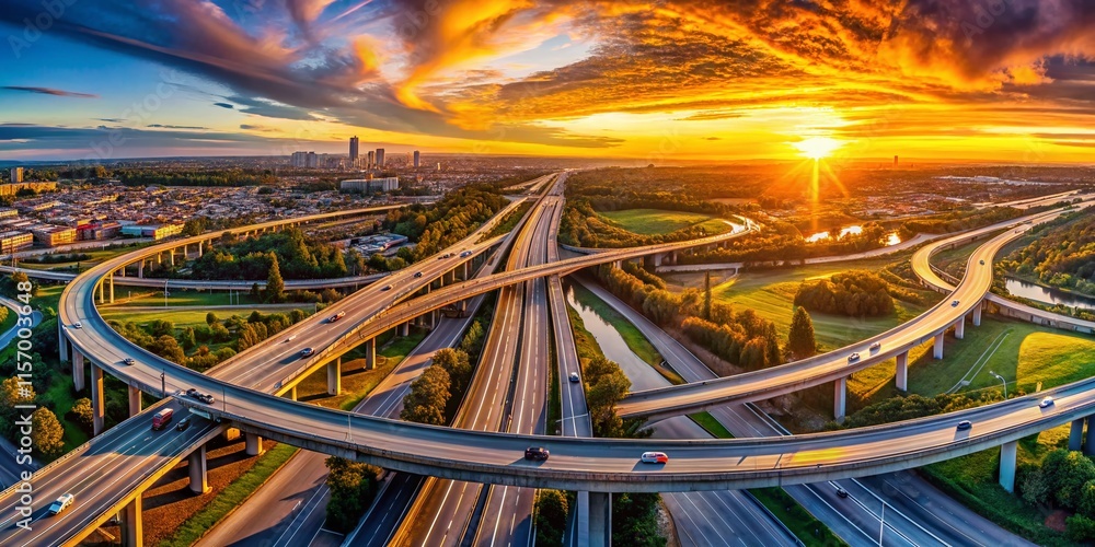 Fototapeta premium Panoramic Aerial View of Complex Freeway Interchange at Sunset
