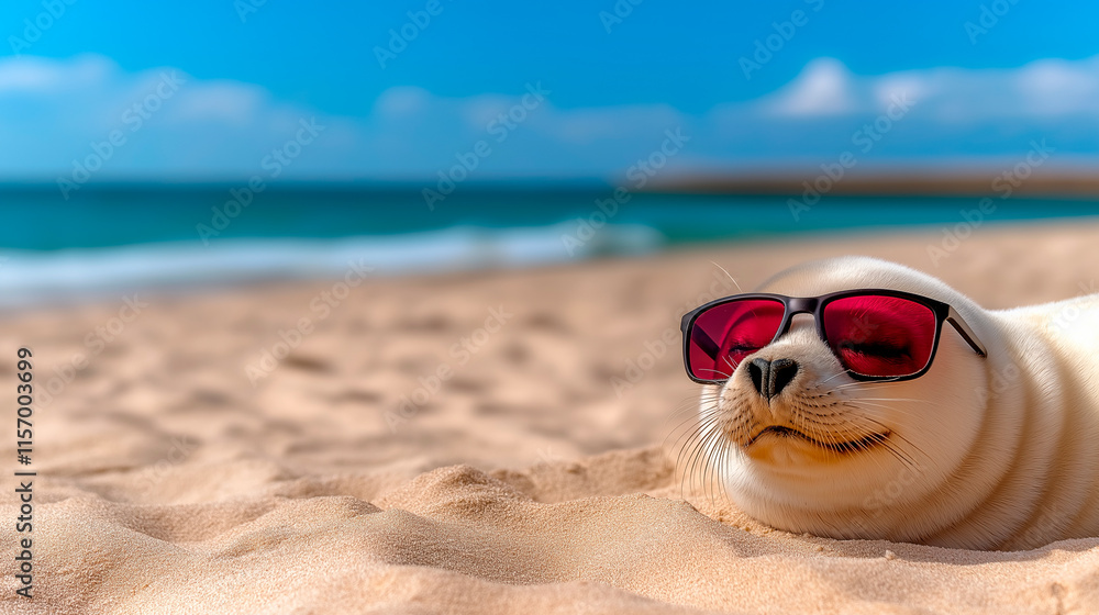 Obraz premium A seal lounging on golden sand, wearing stylish sunglasses.
