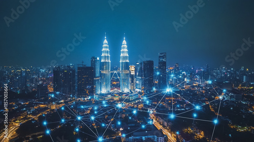 Wallpaper Mural Smart digital Innovation city with connection network reciprocity over the cityscape. of future smart wireless digital city and social media networking systems that connects people with in city Torontodigital.ca