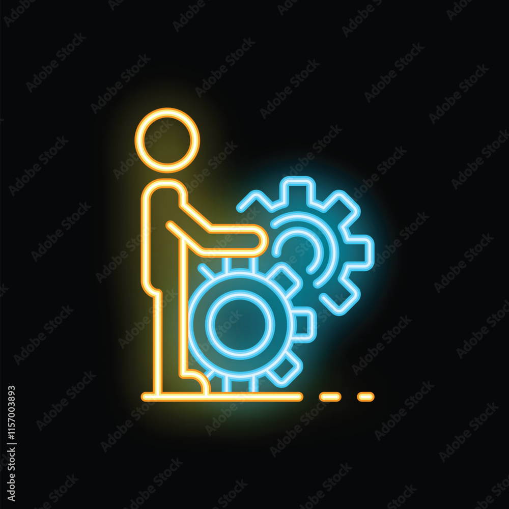 Neon sign of a businessman moving gears, a concept for business process optimization and project management Neon sign of a businessman moving gears, a concept for business process optimization and project management