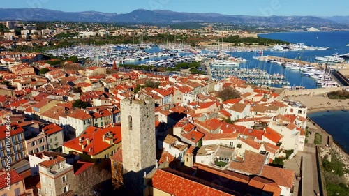 aerial view of Antibes, France: Antibes old town on French Riviera, Port Vauban in Antibes by Mediterranean Sea in France, holiday on French Riviera