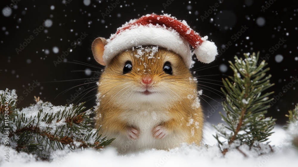 Festive hamster in santa hat with snow and pine branches. Merry Christmas. Happy New Year Festive hamster in santa hat with snow and pine branches. Merry Christmas. Happy New Year