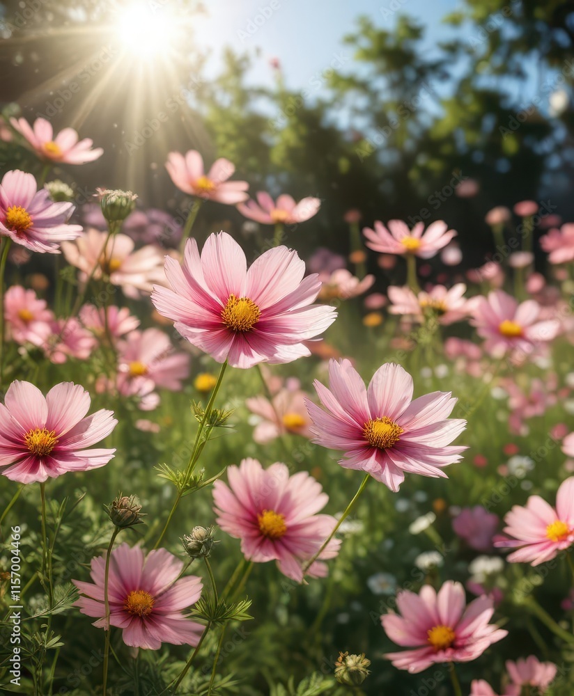 Delicate cosmos blossoms in vibrant garden, sunlight dappled petals , delicate, nature Delicate cosmos blossoms in vibrant garden, sunlight dappled petals , delicate, nature