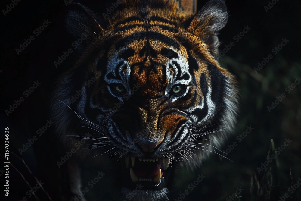 Tiger face emerging from black shadows in detailed close-up Tiger face emerging from black shadows in detailed close-up