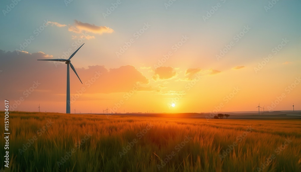 Obraz premium Sustainable Wind Energy Farm in Rural Wheat Field at Sunset Representing Green Growth