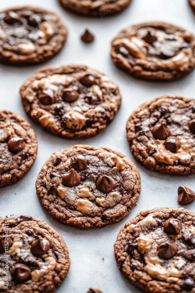 Chocolate chip cookies with peanut butter swirls on baking paper Chocolate chip cookies with peanut butter swirls on baking paper