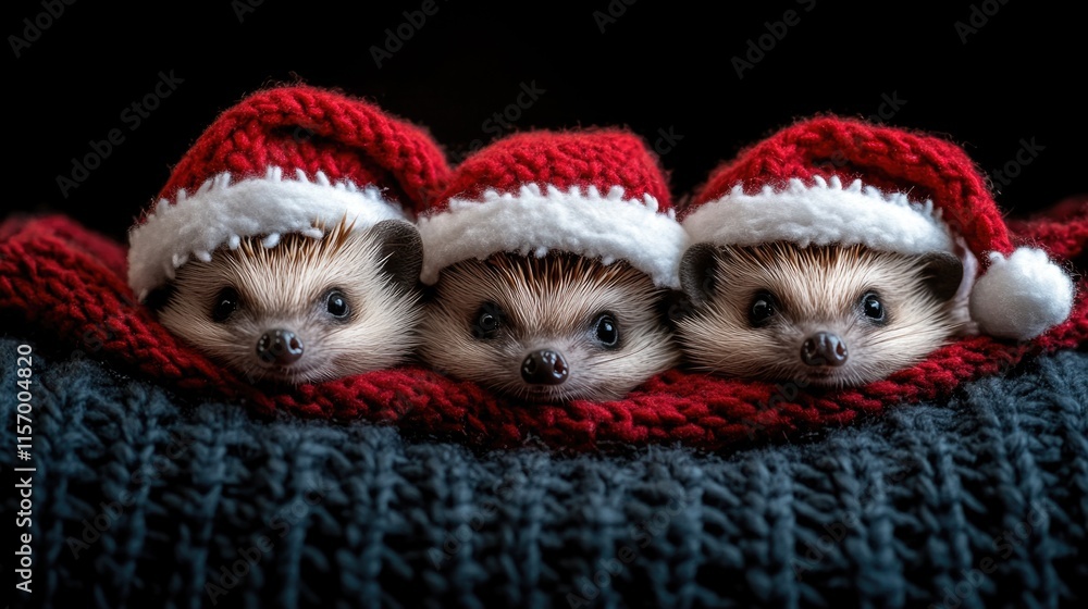 Three adorable hedgehogs in santa hats snuggled in wool. Merry Christmas. Happy New Year Three adorable hedgehogs in santa hats snuggled in wool. Merry Christmas. Happy New Year