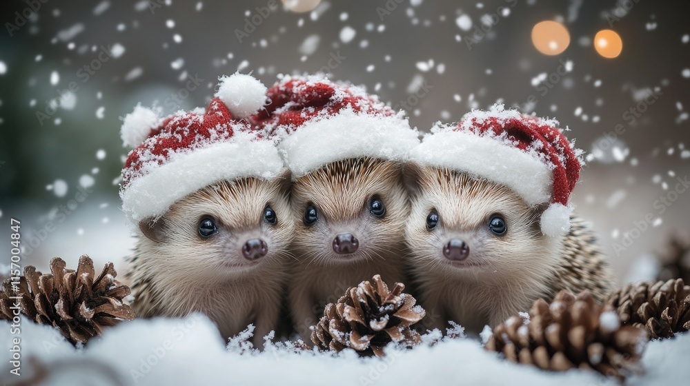 Adorable hedgehogs in santa hats enjoying winter wonderland. Merry Christmas. Happy New Year Adorable hedgehogs in santa hats enjoying winter wonderland. Merry Christmas. Happy New Year