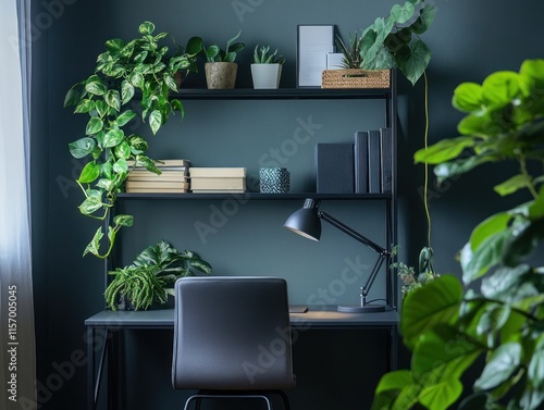 Dark teal home office with black desk, chair, shelves, books, and abundant indoor plants. photo