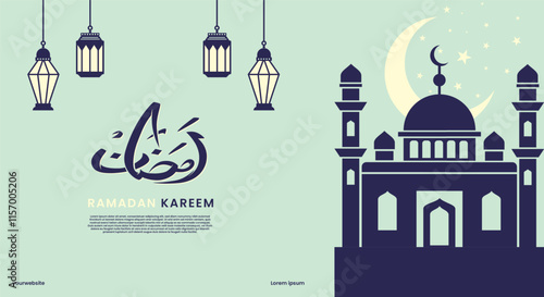 Ramadan Kareem. Islamic banner, poster, greeting card template with ramadan for wallpaper design. Modern art design with pattern of beautiful Arabic ornament the backdrop of a bright big crescent moon