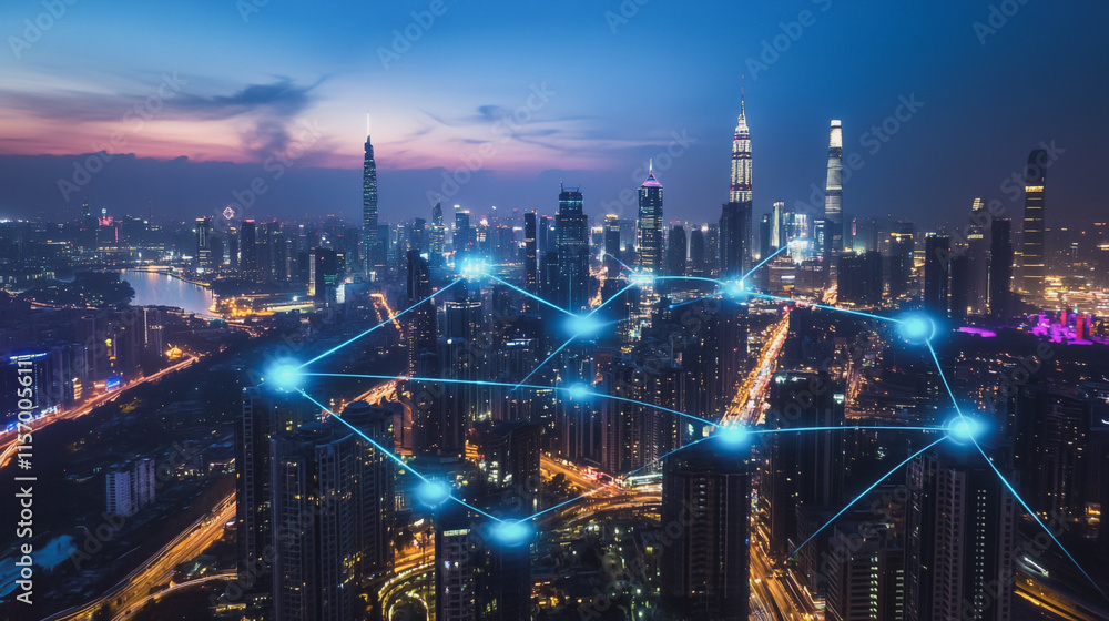 Fototapeta premium Smart digital Innovation city with connection network reciprocity over the cityscape. of future smart wireless digital city and social media networking systems that connects people with in city