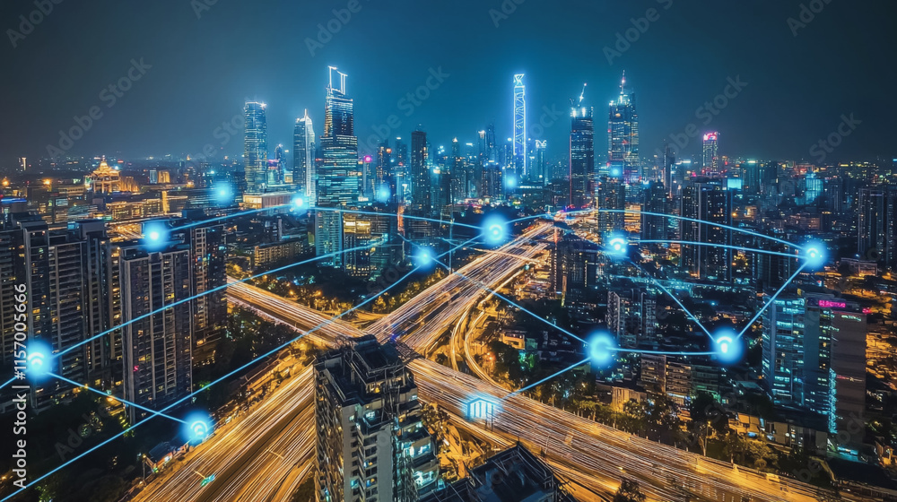 Fototapeta premium Smart digital Innovation city with connection network reciprocity over the cityscape. of future smart wireless digital city and social media networking systems that connects people with in city