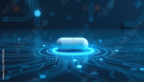 A white capsule pill sits on a glowing circuit board, representing futuristic pharmaceutical technology and medical innovation.