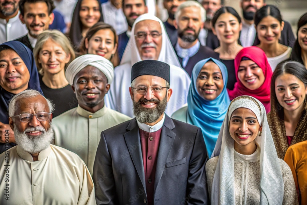 Inclusive gathering of men and women from different faiths smiling with religious background Inclusive gathering of men and women from different faiths smiling with religious background