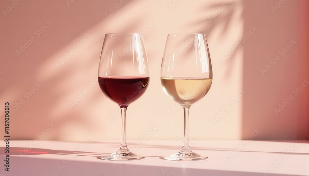 Two wine glasses filled with red and white wine against a soft pink background with palm leaf shadows, suggesting a relaxing and elegant setting. Two wine glasses filled with red and white wine against a soft pink background with palm leaf shadows, suggesting a relaxing and elegant setting.
