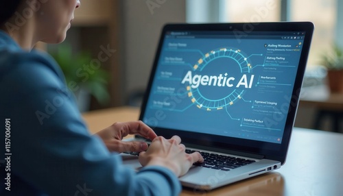 AI agents, Woman using laptop with Agentic AI software on screen, showcasing modern technology and digital work, blue tones and soft lighting