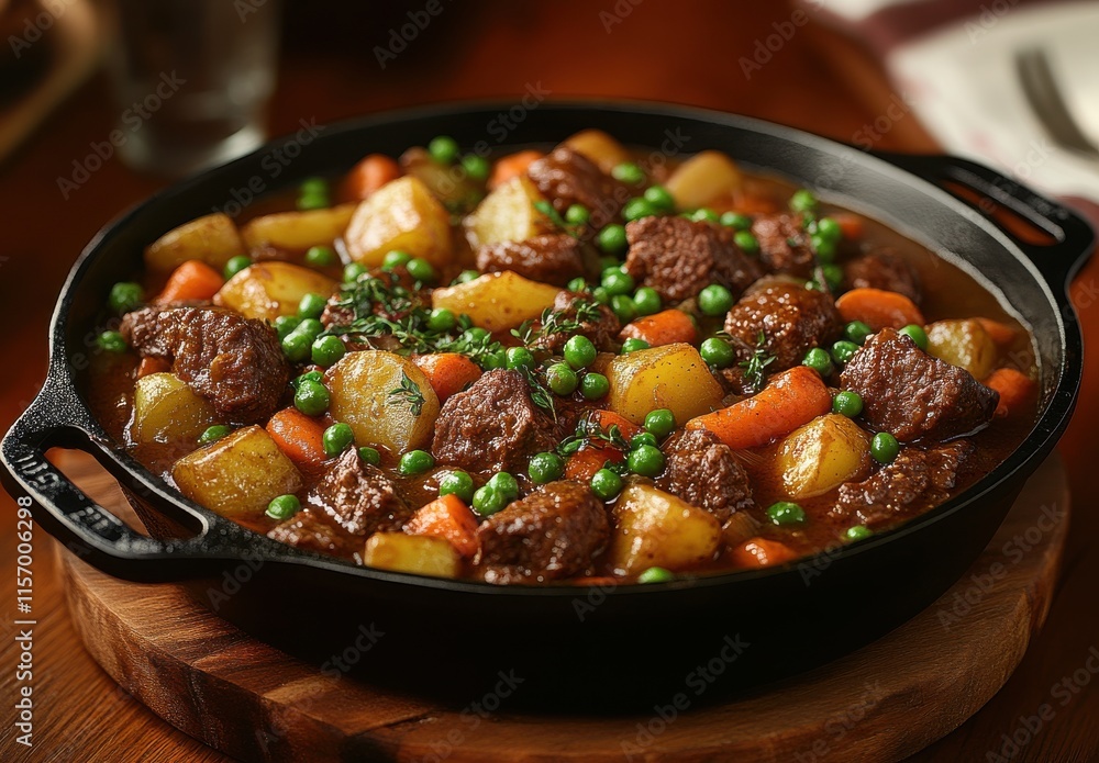 Hearty Beef Stew with Potatoes, Carrots, Peas, and Herbs in a Cast Iron Dish Set on a Wooden Surface, Perfect for Comfort Food and Culinary Inspiration Hearty Beef Stew with Potatoes, Carrots, Peas, and Herbs in a Cast Iron Dish Set on a Wooden Surface, Perfect for Comfort Food and Culinary Inspiration