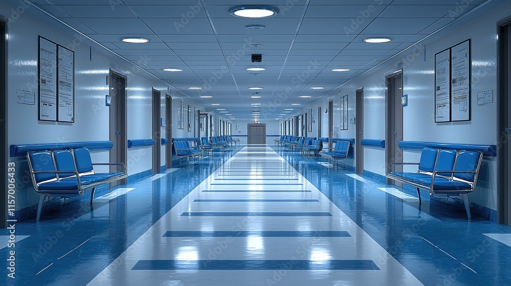 A clean, well-lit hospital corridor with blue benches and doors leading to patient rooms. A clean, well-lit hospital corridor with blue benches and doors leading to patient rooms.