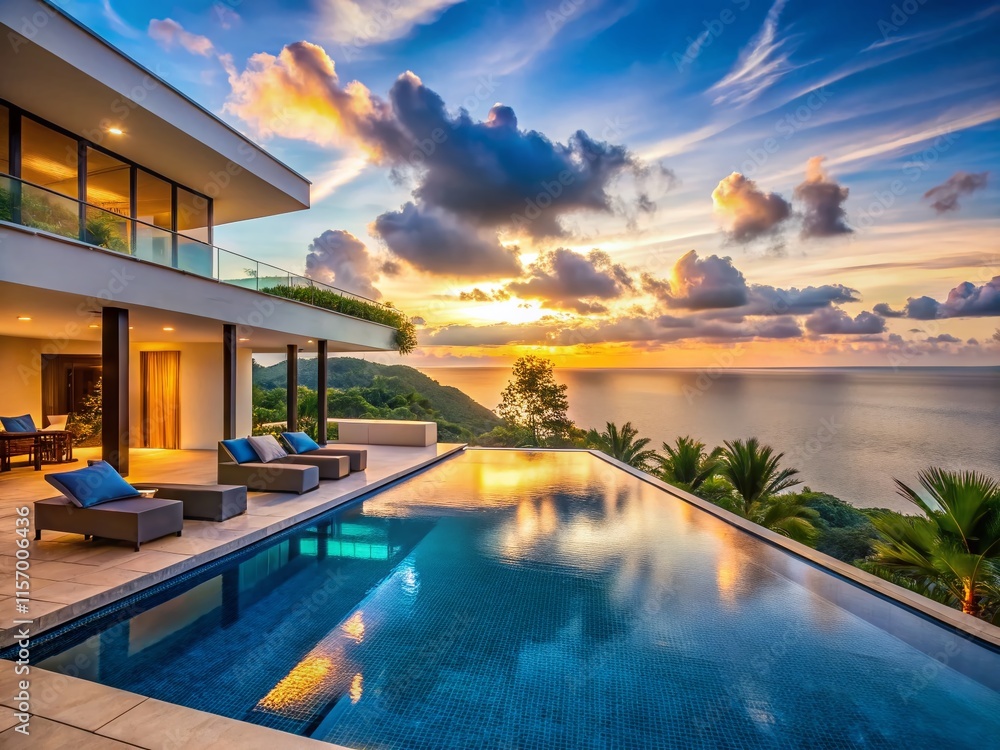 Fototapeta premium Panoramic Luxury Villa with Infinity Pool: Stunning Ocean View Estate