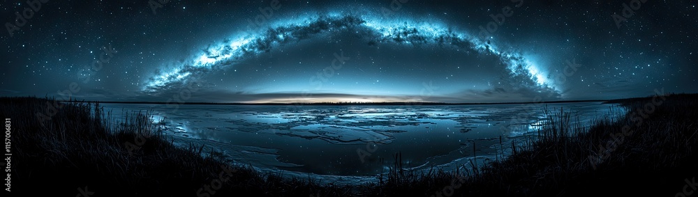 Fototapeta premium Twilight in the Arctic: Icy tundra with frozen lakes reflecting a vibrant aurora borealis in a deep blue and green sky