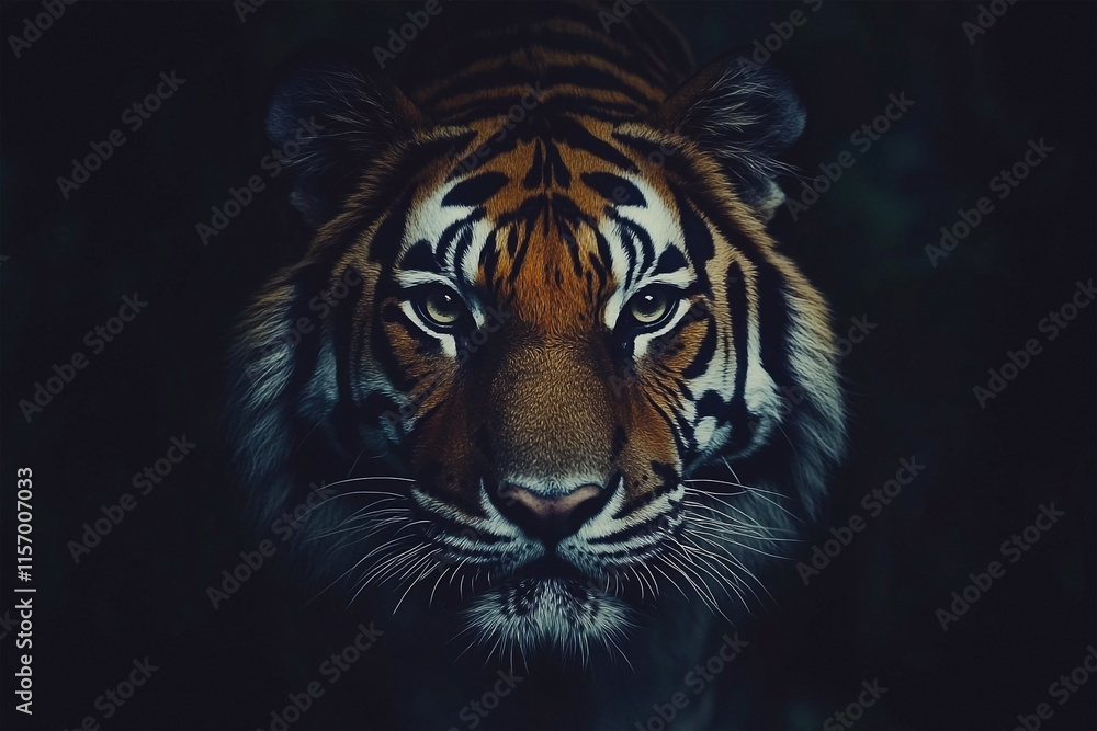 Close-up of tiger face glowing against a dark background Close-up of tiger face glowing against a dark background