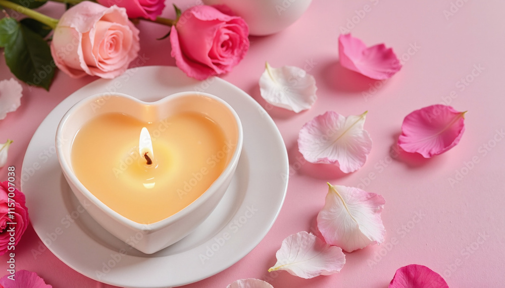 Heart-shaped candle surrounded by pink roses and petals on pink background, romantic decor, copy space, International Women's Day March 8 Heart-shaped candle surrounded by pink roses and petals on pink background, romantic decor, copy space, International Women's Day March 8